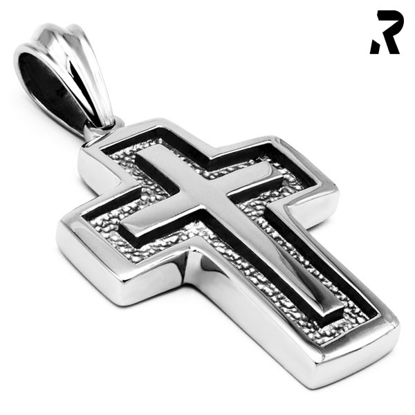 kreuz anhänger saintly cross, doppel kreuz anhänger, edelstahl, relief oberfläche, silber, schwarz,männer geschenk, damen geschenk, bikerschmuck, rockerschmuck, edelstahlschmuck, edelstahl anhänger, kreuz anhänger mit kette
