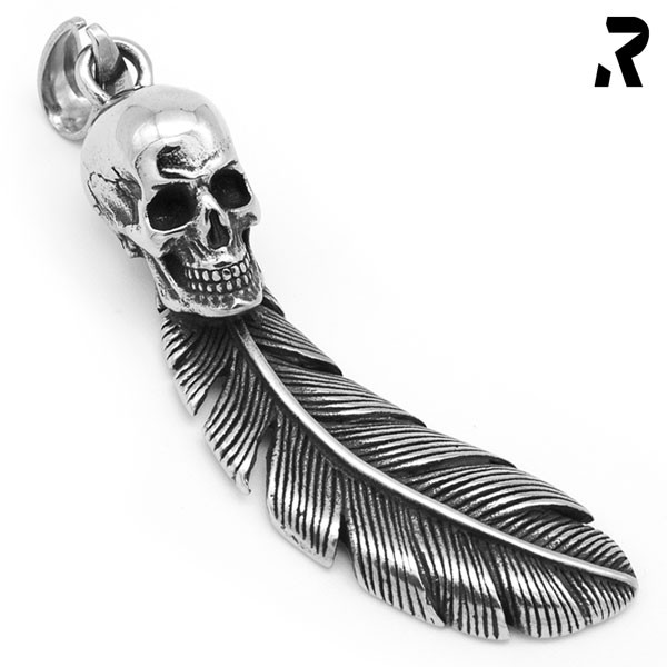 totenkopf flügel anhänger badness, geschwungene feder, viele details, für damen, für männer, geschenkidee, männer geschenk, biker geschenk, edelstahl anhänger