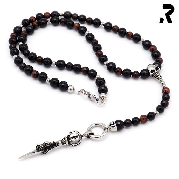 totenkopf ypsilon kette, mit anhänger, onyx schwarz, rotes tigerauge, kette männer, kette frauen, rosenkranz mit totenkopf, männergeschenk, damengeschenk, geschenkidee