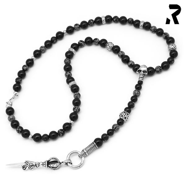 totenkopf ypsilon kette, mit anhänger, onyx schwarz, schneeflockenobsidian, kette männer, kette frauen, rosenkranz mit totenkopf, männergeschenk, damengeschenk, geschenkidee